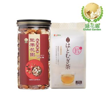 【盛花園】日本鳥取縣薏仁茶包24入+堅果花園五寶經典罐1入雙享組