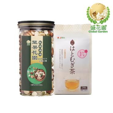 【盛花園】日本鳥取縣薏仁茶包24入+堅果花園九寶經典罐1入雙享組