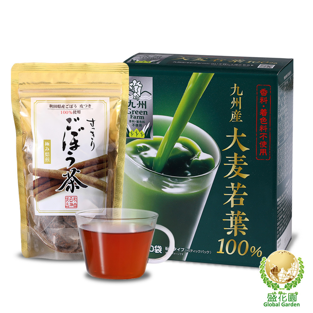 【盛花園】日本原裝大麥若葉青汁50入+秋田白神牛蒡茶15入養生組