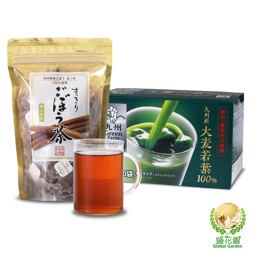 【盛花園】日本原裝大麥若葉青汁20入+秋田白神牛蒡茶30入養生組
